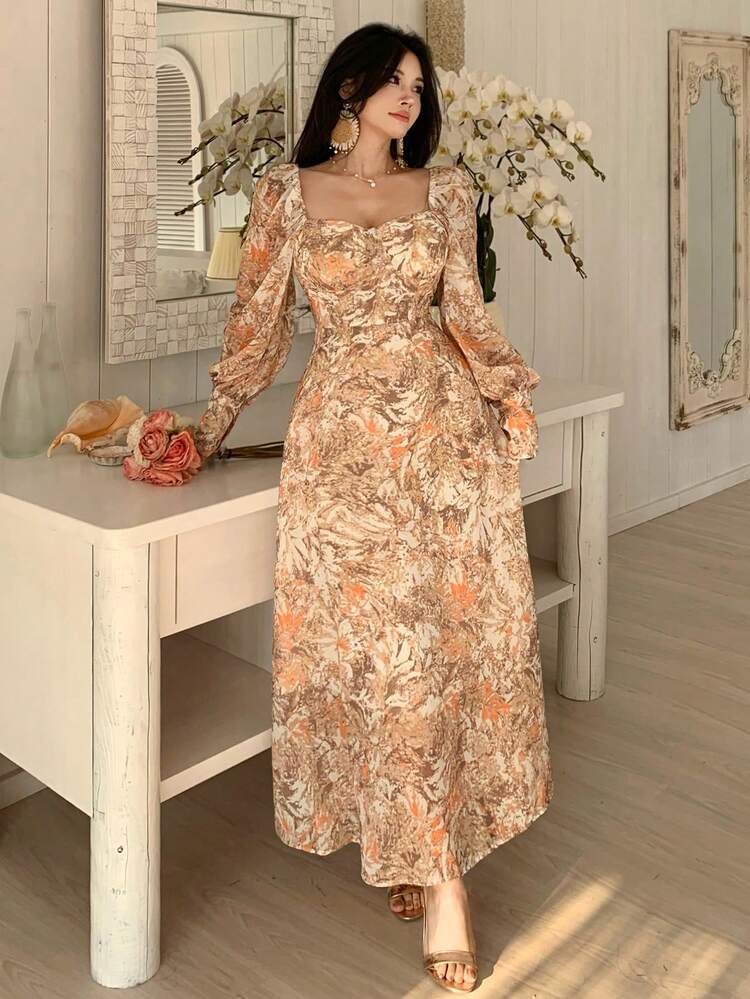 Spring & Summer Ditsy Floral Square Neck Casual Vacation, Wedding, Party, Formal Occasion Midi Dress For Women, Elegant Office Wear With Waist Cinching, Long Sleeve Sundress Boho