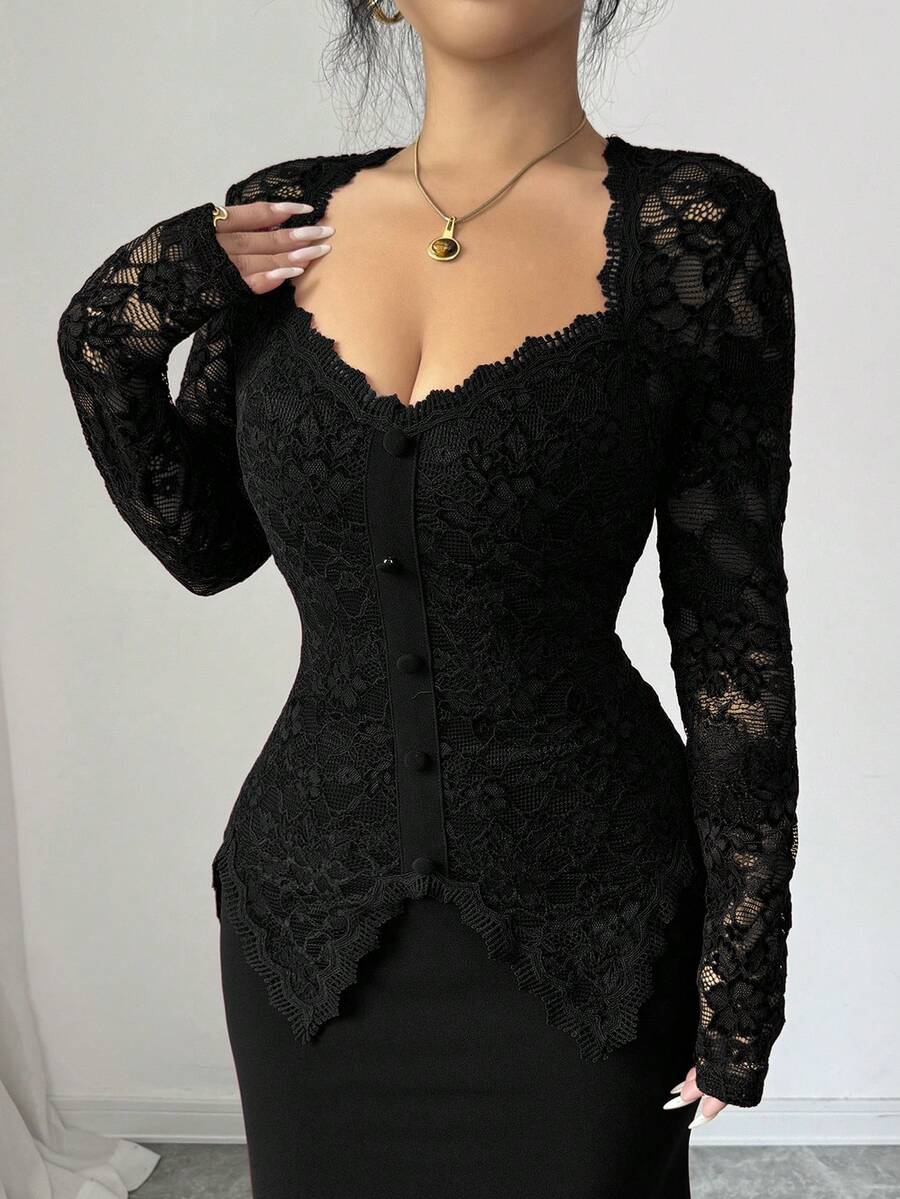 Modelyn Plus Size Women Elegant Keyhole Neck Contrast Lace Button Waist Bodycon Dress - Black - View 1