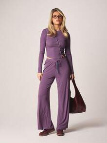 MISSGUIDED Ribbed Knit Striped Long Sleeve Button Front Crop Top Wide Leg Pants Two Piece Co Ord Set Fall Winter Lounge - Multicolor - View 1