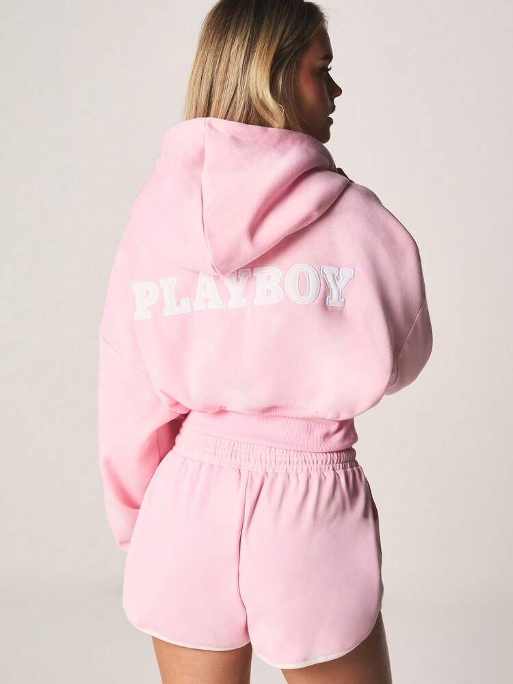 Missguided x Playboy Felpa con cappuccio oversize con chiusura lampo anteriore, coulisse e stampa logo bianco per comfort e stile casual