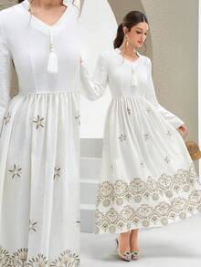 Al Najma New Elegant Embroidered Lantern Sleeve Dress, Suitable For Vacation, Daily Wear, And Gatherings - Apricot - View 1