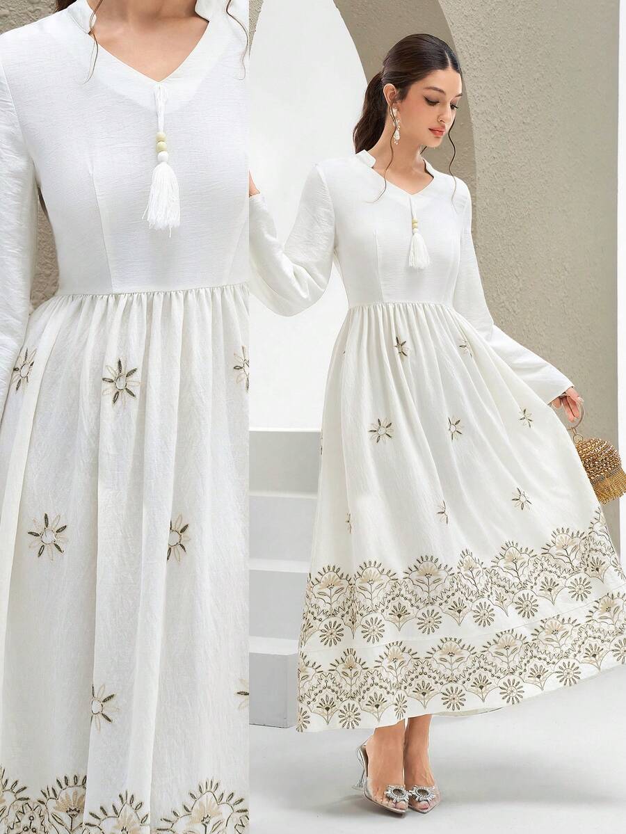 Al Najma New Elegant Embroidered Lantern Sleeve Dress, Suitable For Vacation, Daily Wear, And Gatherings - Apricot - View 1