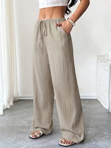 Flirla Petite Women's Solid Color Pocket Drawstring Loose Wide Leg Pants Fall Cloth For Women - Khaki - View 7