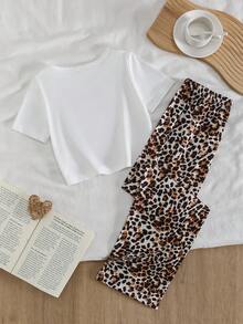 2pcs/Set Fashionable Tween Girl Outfit - White Fitted Short Sleeve Top Paired With Leopard Print Loose Straight Leg Pants, Casual Homewear - Multicolor - View 2