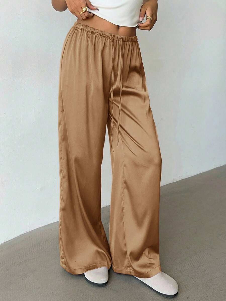 Aloruh Falda larga de satén de color marrón jaspeado de cintura baja, versátil y de estilo retro casual para mujer - Camel - Ver 1