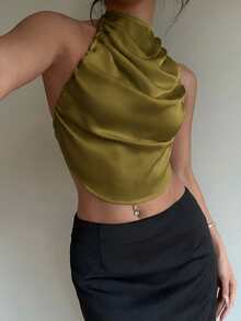 Aloruh Sexy Halter Backless Satin Women Camisole - Army Green - View 4