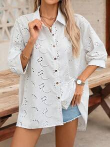 SHEIN VCAY Women Plain Button-Front Long Sleeve Casual Blouse - White - View 5