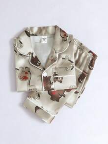 Conjunto de 2 piezas de cardigan de manga corta y pantalones con estampado de dinosaurio lindo para niño pequeño, ropa de estar en casa informal - Multicolor - Ver 6