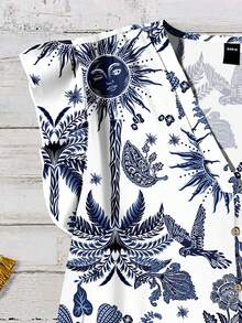 Rusticease 女士蓝白椰树太阳度假印花V领短袖修身衬衫，海边度假休闲衬衫，适合约会、郊游、散步、周年纪念等场合 - 彩色 - 查看 4