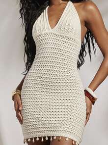 Opulessa Women's Off-White Boho Hollow Out Knitted Halter Backless Bodycon Sweater Dress,Elegant Beach Vacation Holiday Outfits For Summer,Autumn, - Apricot - View 1