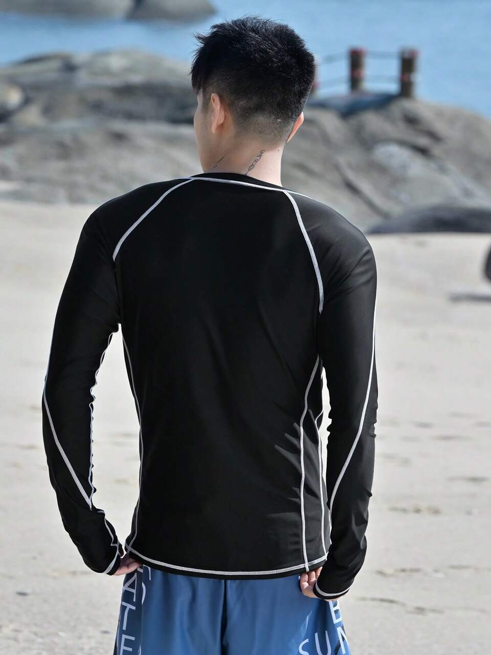 Men's Swimwear With Contrast Color Blocking And Decorative Lines, Summer Vacation