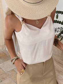DAZY Women's Solid Color V-Neck Metal Button Elegant Vacation Summer Tank Top Cruise For Women Halter Top - Apricot - View 6