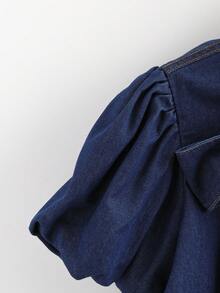 EMERY ROSE Áo sơ mi denim nữ mùa hè kiểu dáng thường ngày, cổ thắt nút, tay phồng, cài cúc phía trước. - Màu xanh lam - Xem 3