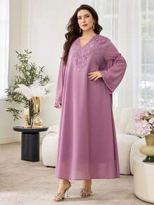 Al Najma Plus Size Solid Color Chiffon Double Layer Long Sleeve Lace Trim Casual Turkish Maxi Dress - Mauve Purple - View 3