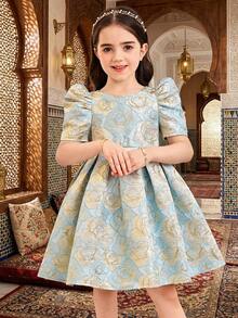 SHEIN Đầm hè tay ngắn thanh lịch in hoa dễ thương cho bé gái - Màu xanh lam - Xem 5