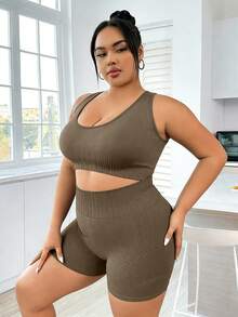 Rhythm Era 2pcs/Set Plus Size Women Deep Coffee Ribbed Knit Seamless Stretchy Sexy Racerback Tank Top And Shorts Yoga Golf Outdoor Casual Sports Set, New - Coffee Brown - View 3