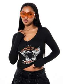 SUMWON WOMEN Vintage Motorcycle Eagle Graphic Long Sleeve V-Neck Tee With Los Angeles Print Design - Black - View 1
