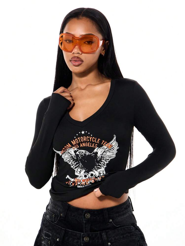 SUMWON WOMEN Long Sleeve Motorcycle Graphic Tee