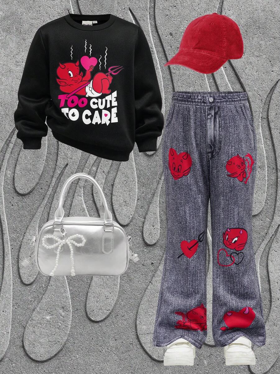 SHEIN HOT STUFF Young Girl 2pcs/Set Street Style Cute Casual Round Neck Long Sleeve Sweatshirt & Denim Effect Print Flare Pants 2-Pieces Set - Black - View 1