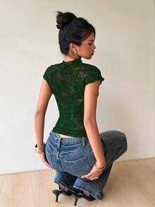 Siren Gaze 女士时尚性感纯色蕾丝拼接镂空紧身T恤上衣，夏季 - 墨綠色 - 查看 8