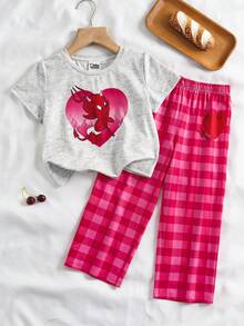 SHEIN HOT STUFF Young Girl Comfortable Cartoon Patter Short Sleeve T-Shirt And Plaid Pants Pajama Set, Summer - Pink - View 1
