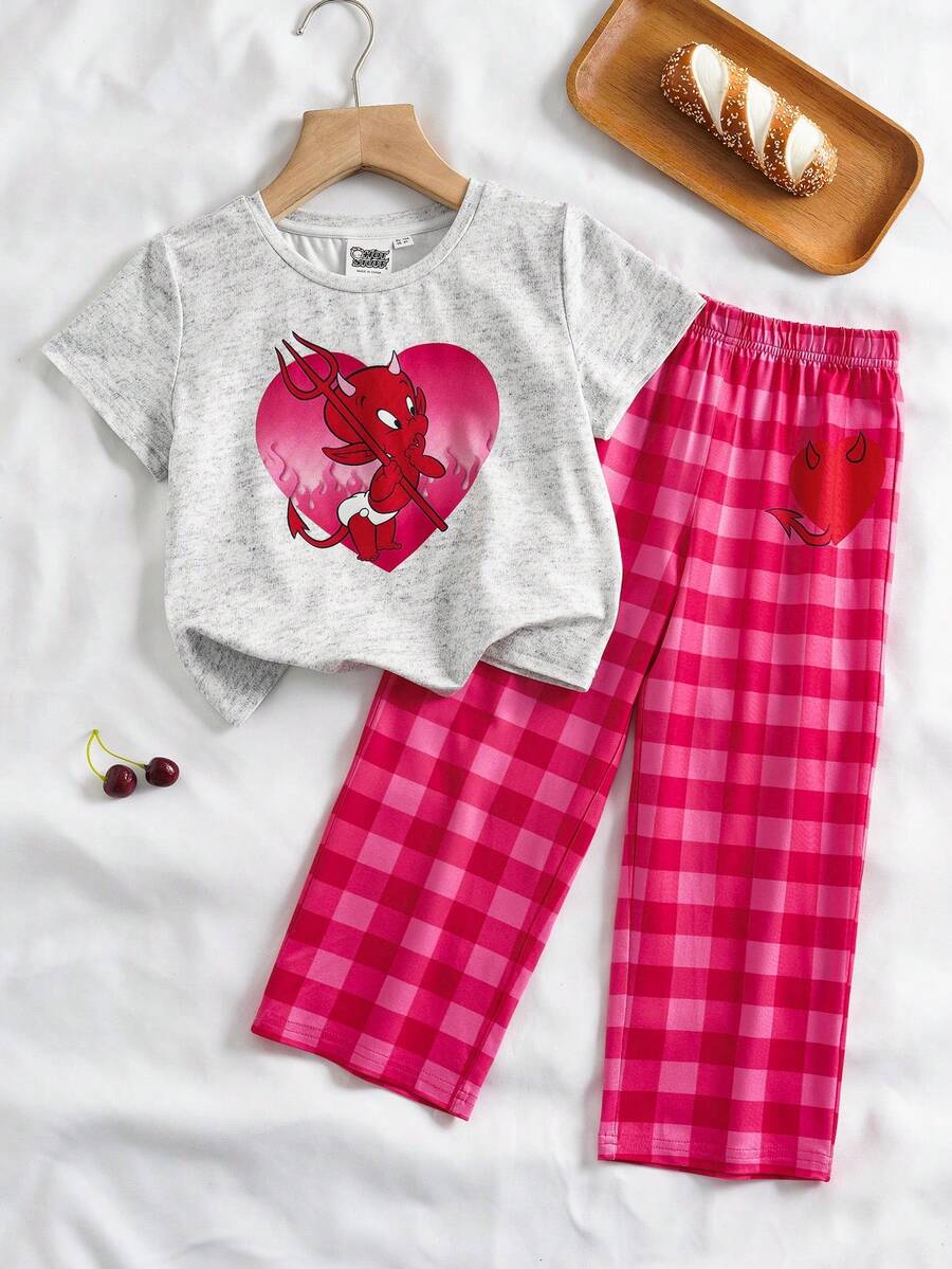 SHEIN HOT STUFF Young Girl Comfortable Cartoon Patter Short Sleeve T-Shirt And Plaid Pants Pajama Set, Summer - Pink - View 1