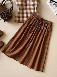Muvela New Spring/Summer Coffee Brown Elastic Waist Drawstring Adjustable Ruched A-Line Skirt, Versatile Summer Outfit - Brown - View 4