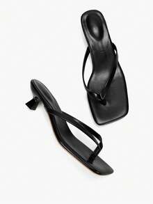 夏季新款女士纯色拖鞋，优雅度假鞋，休闲沙滩高跟凉鞋，时尚易穿高跟鞋，适合正装 - 黑色 - 查看 11