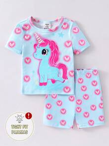 2pcs/Set Piyama Bayi Perempuan Pas Badan Motif Unicorn Atasan Lengan Pendek dan Celana Pendek, Bersinar di Bawah Sinar UV - Biru - View 5