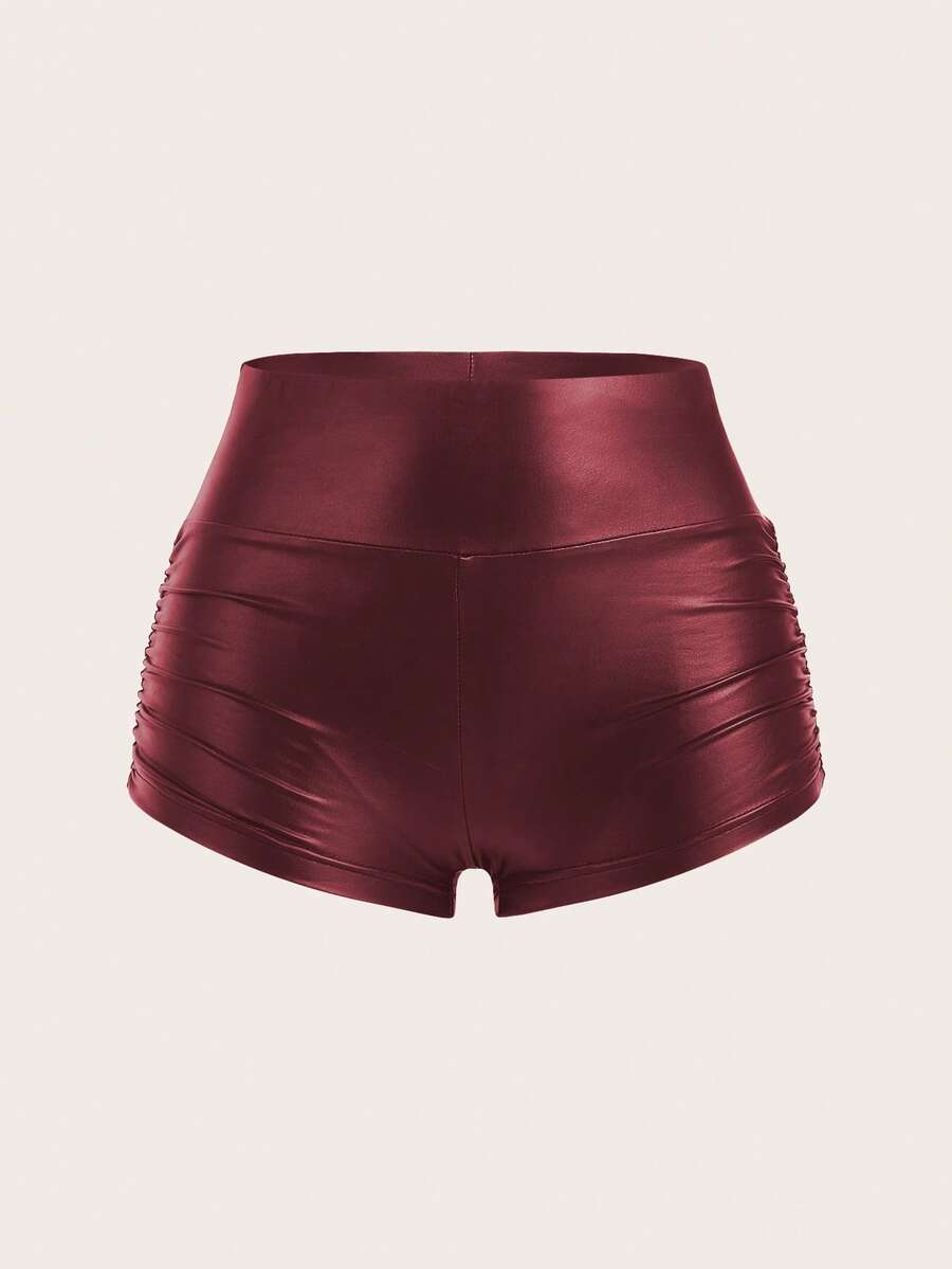 SHEIN EZwear 女士纯色褶皱紧身打底裤,时尚性感 - 紅色 - 查看 1