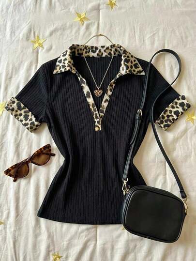 Glimmora Women's Leopard Print Patchwork Polo Collar Short Sleeve Ribbed T-Shirt, Spring/Summer