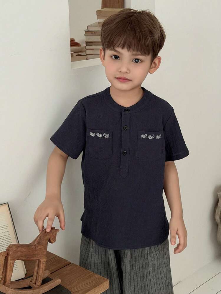 Young Boy Half-Placket Short Sleeve Casual Comfortable Shirt, Summer