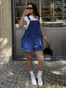 Dripcurv 大码女式蓝色复古连体裤，街头风学院风牛仔背带短裤，新年装扮 - 深色水洗藍 - 查看 8