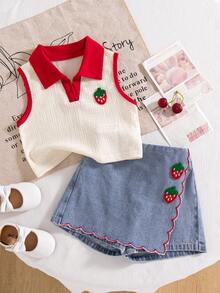 Genkimix Kids 两件套女童夏季新款杏色纹理针织面料领口拼接草莓3D装饰背心上衣和牛仔短裙，裙摆荷叶边草莓刺绣复古可爱套装 - 紅色 - 查看 4