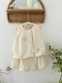 SHEIN 2pcs Set: Young Girl Texture Applique Sleeveless Top And Shorts, Summer - Apricot - View 6