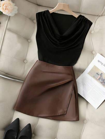 Franclia Chic Contrast Color Set: Turtleneck Sleeveless Crop Top + Caramel Brown Leather Mini Skirt 2 Pieces Outfit, Versatile For Date, Commute, Flattering Fit, Stretchy Fabric + Structured Leather, Sophisticated Turtleneck Sleeveless Top + Caramel Brown Leather Mini Skirt 2 Pieces Set