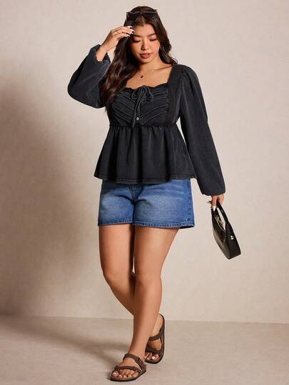 Elaquor Plus Size Solid Color Square Neck Long Sleeve T-Shirt