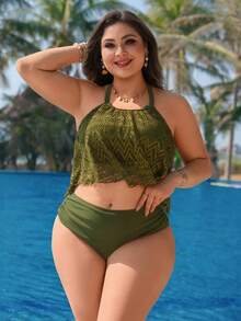 Swim Lushoire 2026 New Arrival Elegant Minimalist Modest Pattern Lace Hollow Floral Green Plus Size Tankini Swimwear - Army Green - View 3