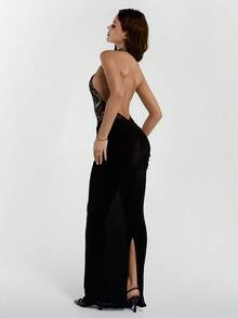 SHEIN ICON Women's Halter Backless Lace Bodycon Long Dress, Sexy For Party Golf And Occasion Elegant Dress Pastal Summer - Black - View 2