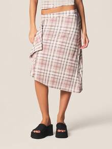 MISSGUIDED Asymmetrical Plaid Midi Skirt With Ruffle Hem Detail Check Pattern High Waist Wrap Style Fall Winter Office Casual - Multicolor - View 1