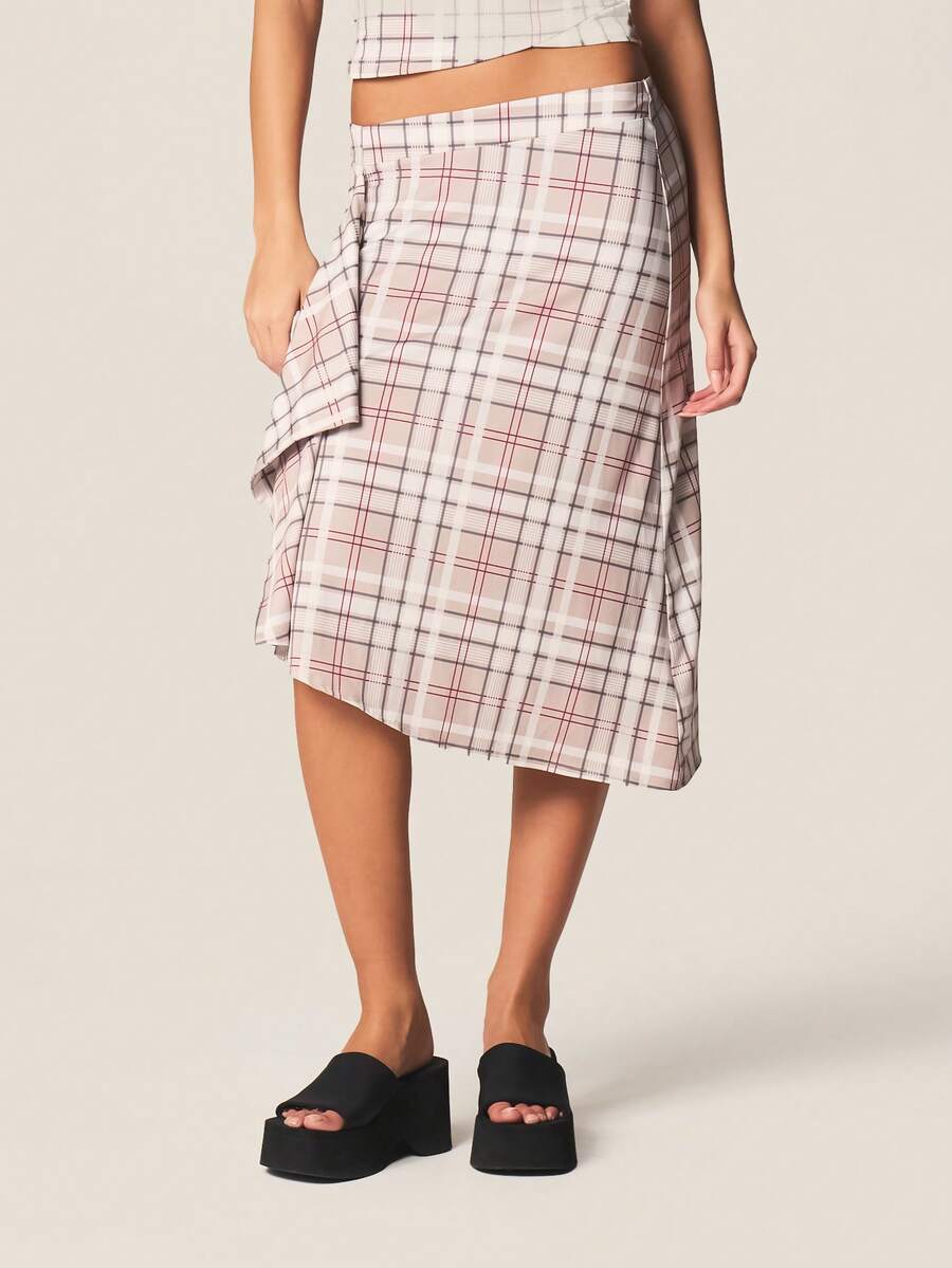 MISSGUIDED Asymmetrical Plaid Midi Skirt With Ruffle Hem Detail Check Pattern High Waist Wrap Style Fall Winter Office Casual - Multicolor - View 1