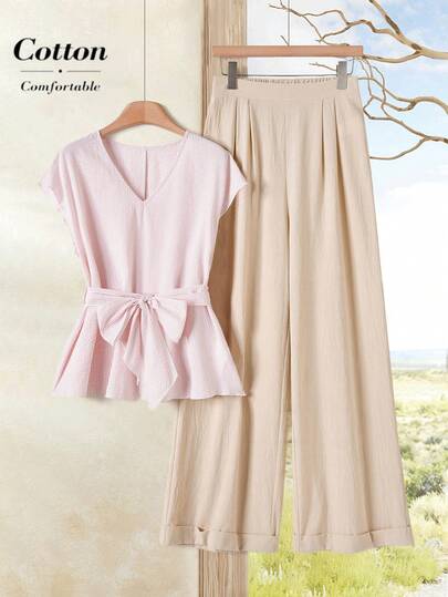 Rusticease Set casual a 2 pezzi con scollo a V a righe, adatto per primavera/estate