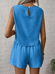 EMERY ROSE Set de 2 piezas con top sin mangas y shorts de unicolor casual para mujer - Azul - Ver 2