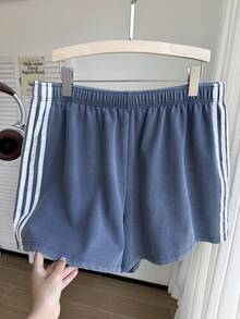 Comfortcana 复古水洗蓝色针织阔腿休闲短裤，百搭大码，春夏款 - 藍色 - 查看 4