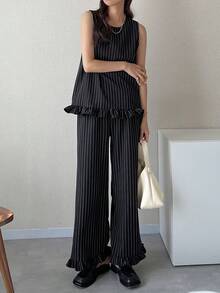 FRIFUL Women's Striped Ruffle Sleeveless Top And Wide Leg Pants Suit, Fashionable For Commuting And Office Wear - Black - View 1