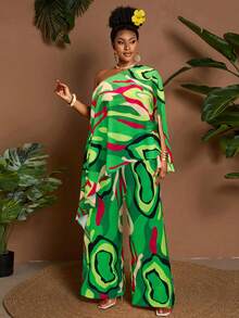 Maweii Mint Green,Autumn,Boho,Vacation,Holiday Plus-Size Women's Two-Piece Set,One Shoulder Asymmetrical Hem Top & Loose Long Pants,Tropical Print Outfit - Multicolor - View 4