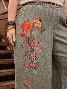 EMERY ROSE 大码女式街头休闲舒适浅绿色刺绣无弹力直筒牛仔裤 - 綠色 - 查看 5