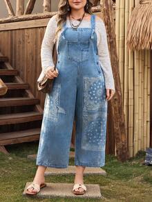 EMERY ROSE Celana Bib Denim Motif Biru Muda Nyaman Kasual untuk Wanita Ukuran Plus - Light Wash - View 1