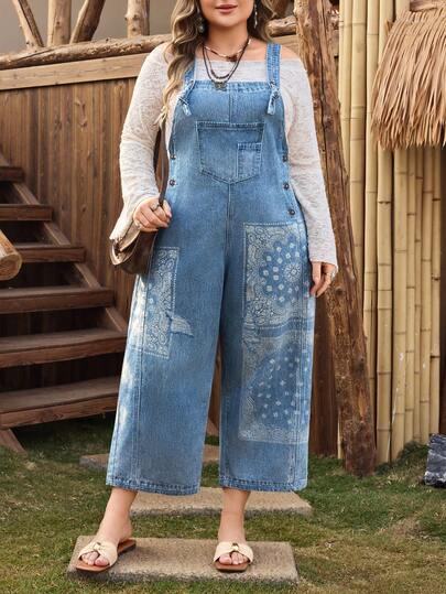 EMERY ROSE Plus Size Women Casual Comfortable Light Blue Printed Denim Bib Pants