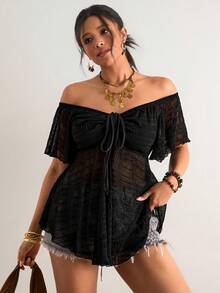 Freevana 大码女式露肩扭结设计时尚百搭上衣，适合约会和外出穿着 - 黑色 - 查看 6